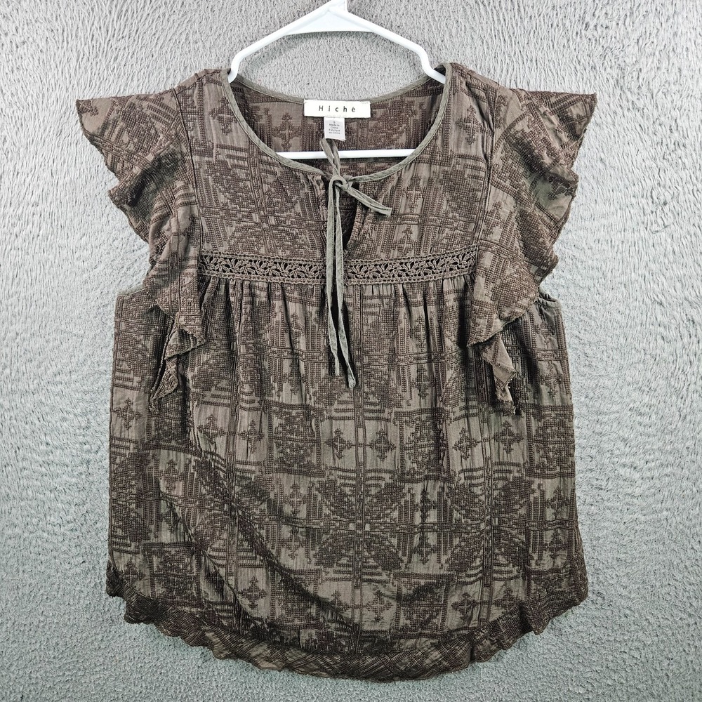 Hiche Anthropologie Embroidered Top Blouse Women Small Ruffle‎ Sleeve Brown